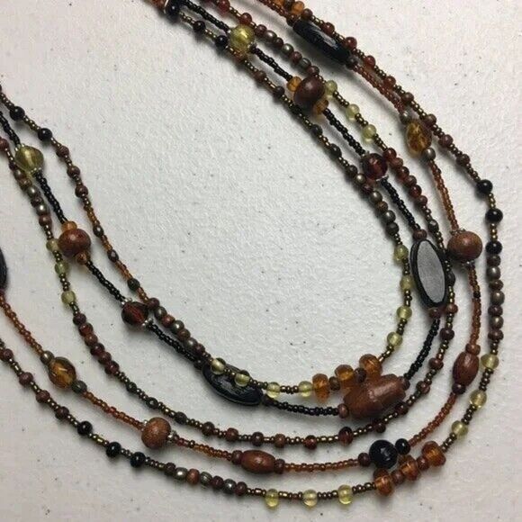 Vintage Beaded Necklace 1990s Layered Five Strands Brown Black w/ Lobster Clasp - Picture 6 of 8